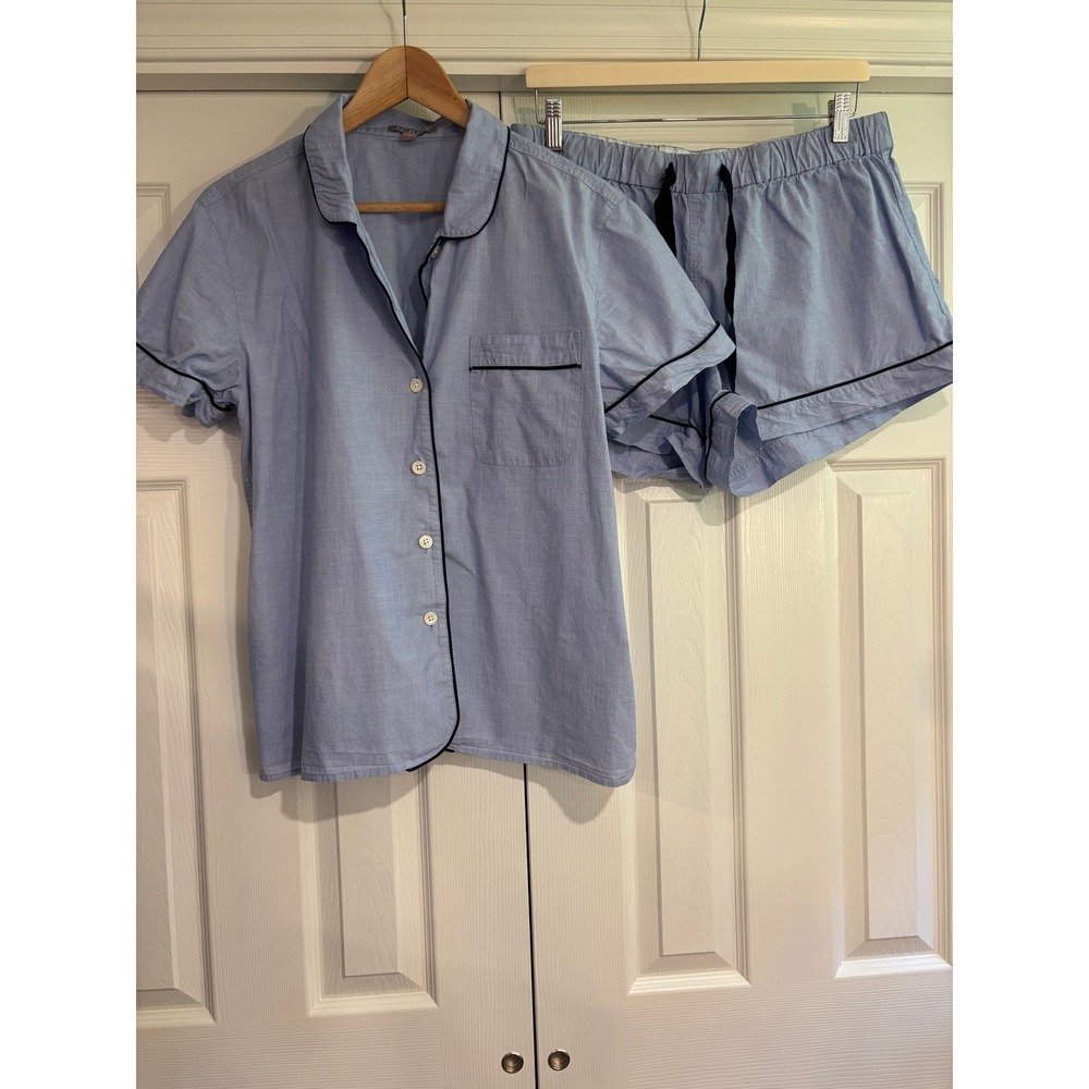 J.Crew Womens Blue Cotton Short Sleeve Pajama Set w/ Navy Piping Size M